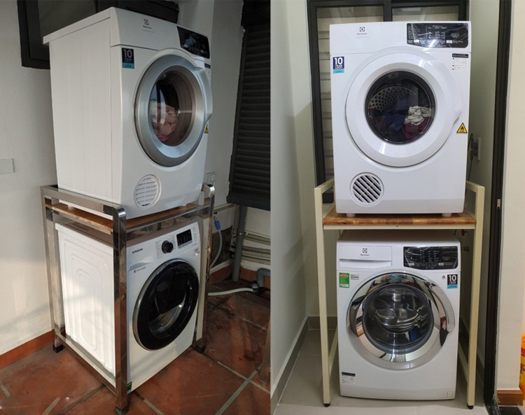Nên dùng kệ hay đặt trực tiếp máy sấy lên máy giặt